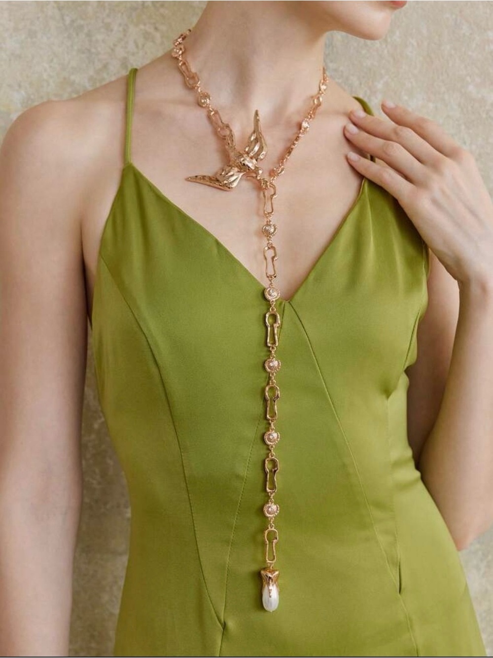 Schiaparelli Inspired Rose Gold Bird Lariat Necklace with Pearl Drop